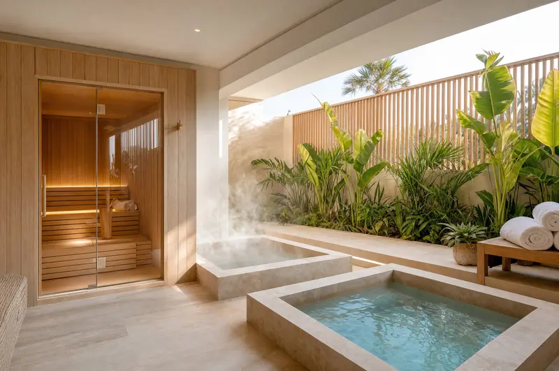 A sauna beside hot and cold stone tubs