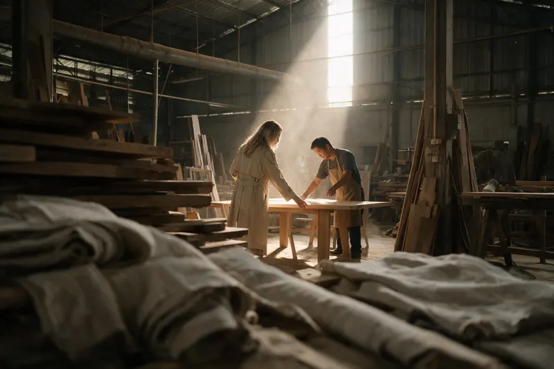 Jessica choosing timber with a craftsman at a furniture workshop