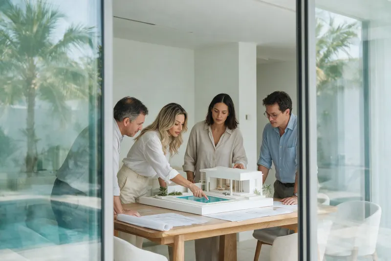 Jessica and her team around a scale model of a villa
