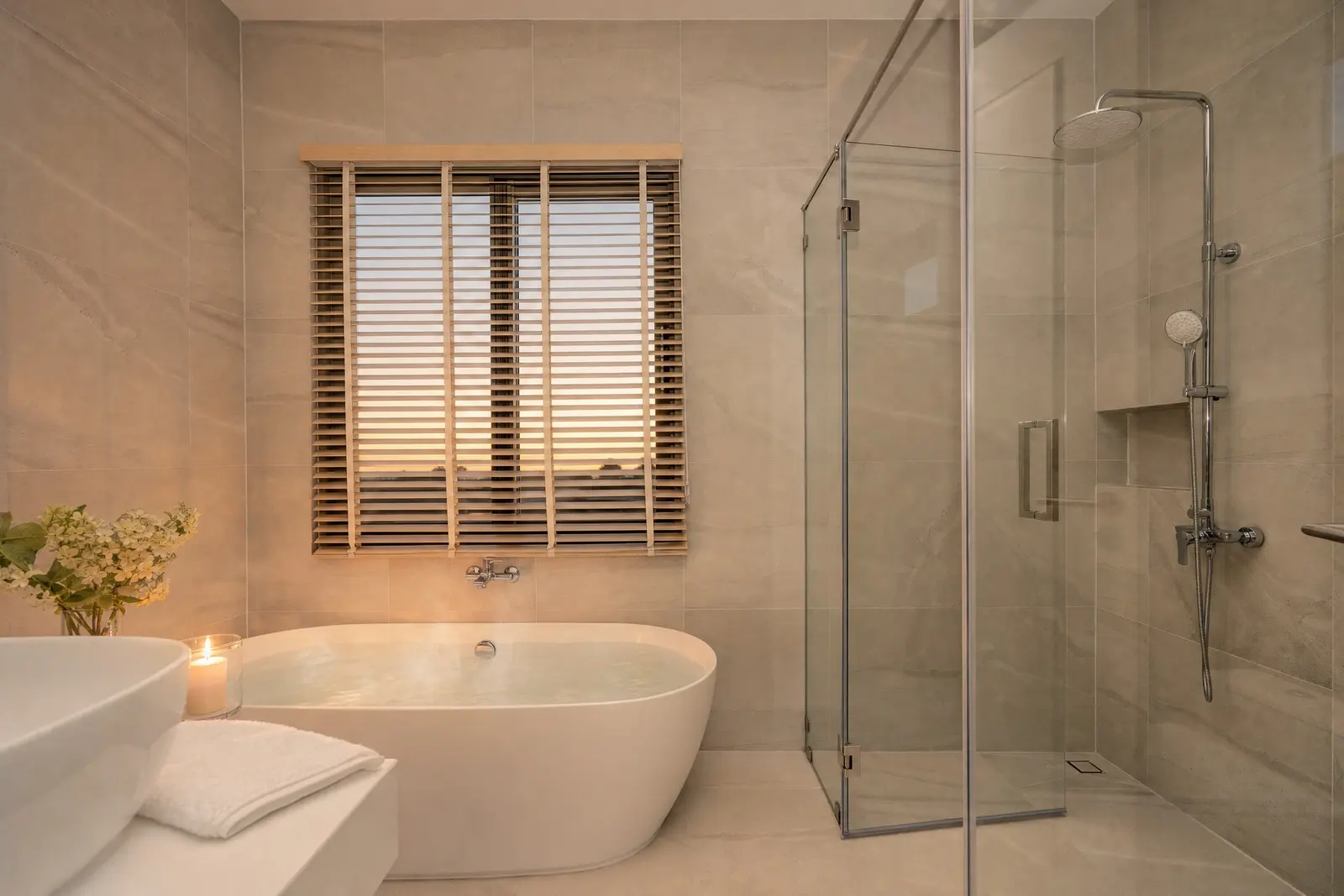 A calm stone bathroom with a freestanding bath at evening