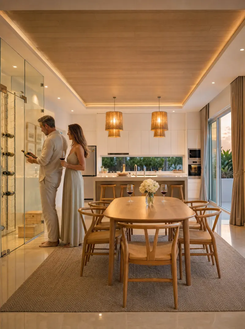A glass-walled wine display beside the dining room